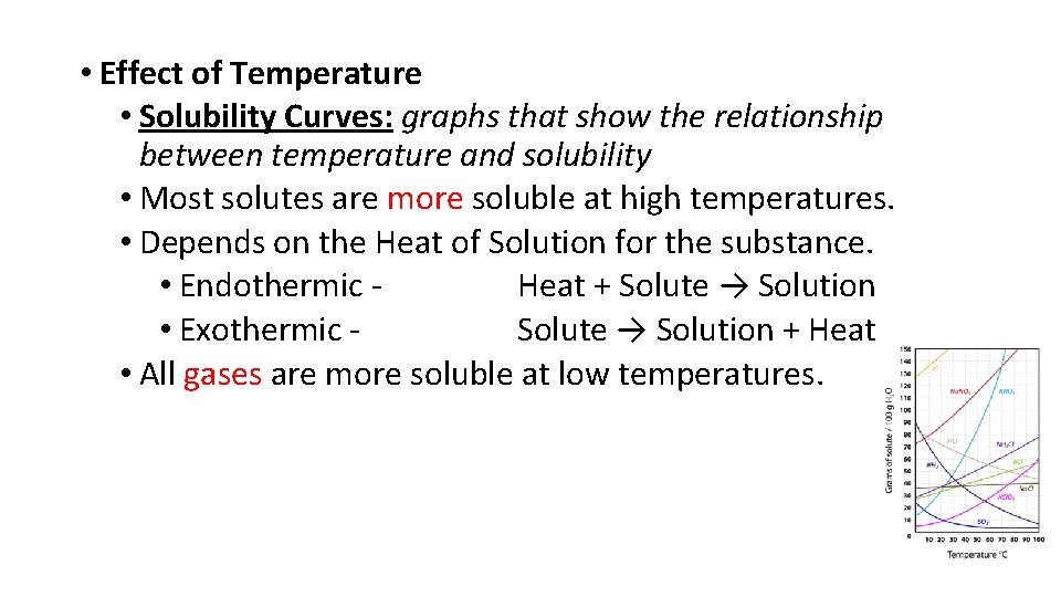  • Effect of Temperature • Solubility Curves: graphs that show the relationship between