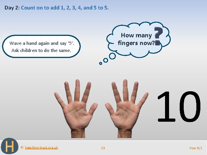 Day 2: Count on to add 1, 2, 3, 4, and 5 to 5.