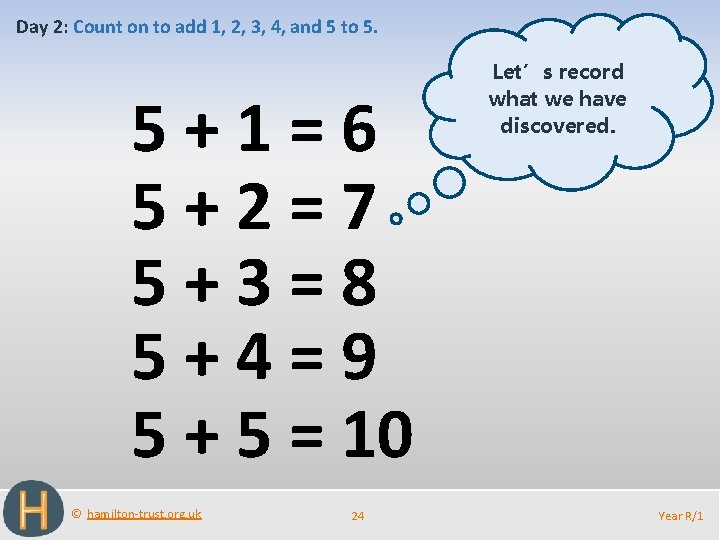 Day 2: Count on to add 1, 2, 3, 4, and 5 to 5.