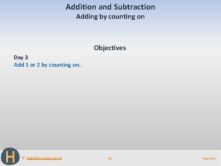 Addition and Subtraction Adding by counting on Objectives Day 3 Add 1 or 2