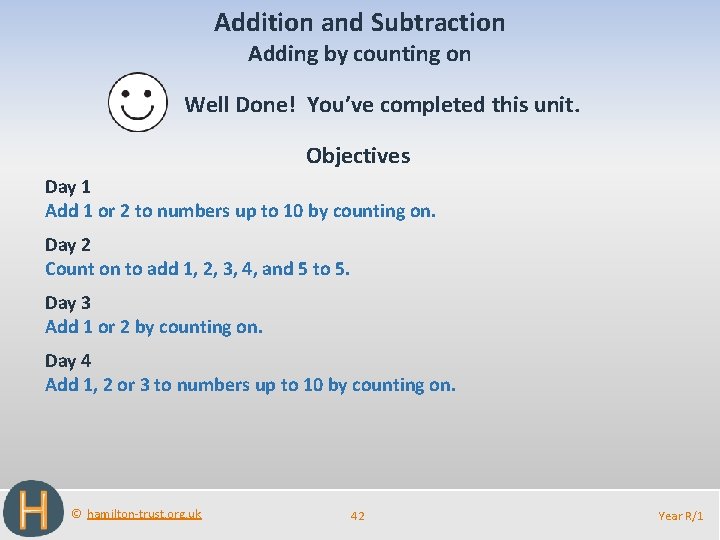 Addition and Subtraction Adding by counting on Well Done! You’ve completed this unit. Objectives
