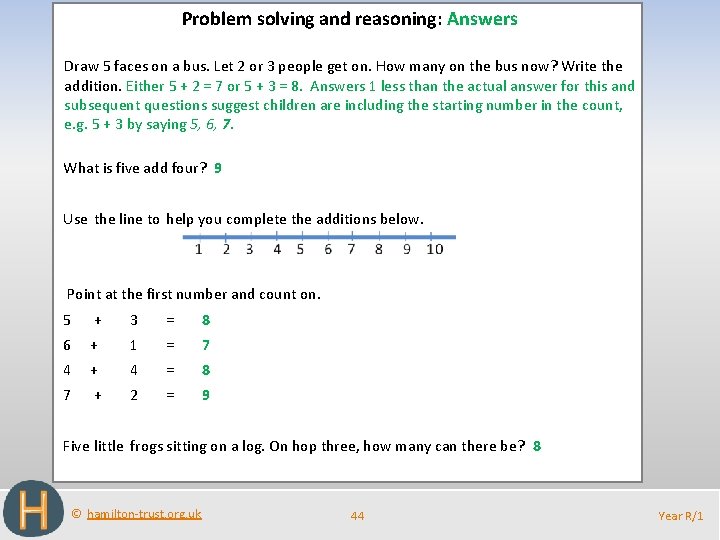 Problem solving and reasoning: Answers Draw 5 faces on a bus. Let 2 or