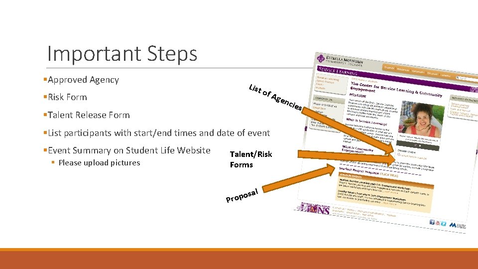 Important Steps §Approved Agency §Risk Form List of A §Talent Release Form §List participants