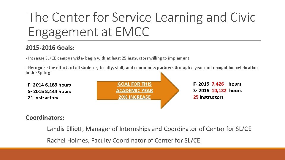 The Center for Service Learning and Civic Engagement at EMCC 2015 -2016 Goals: -