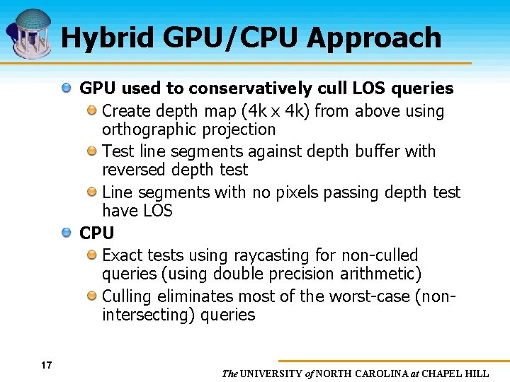 Hybrid GPU/CPU Approach GPU used to conservatively cull LOS queries Create depth map (4