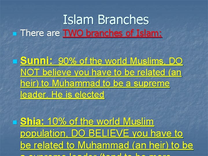 Islam Branches n There are TWO branches of Islam: n Sunni: 90% of the