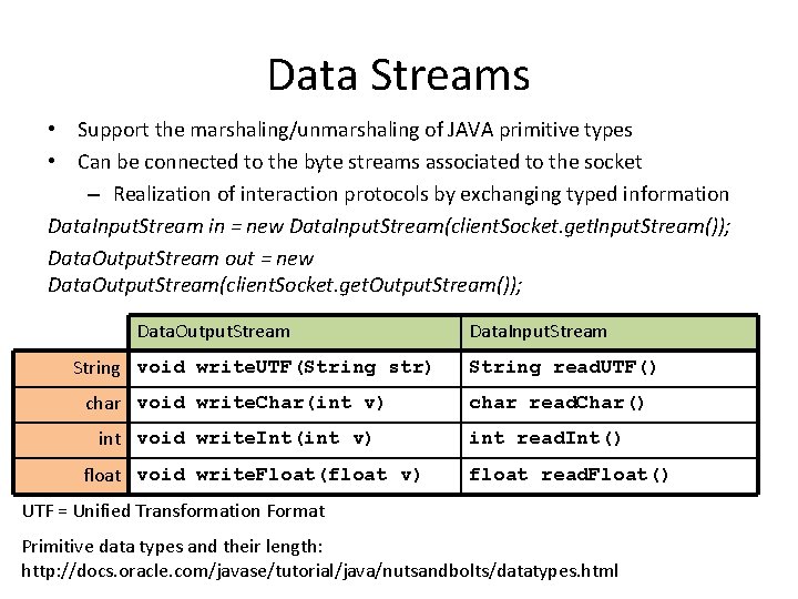 Data Streams • Support the marshaling/unmarshaling of JAVA primitive types • Can be connected