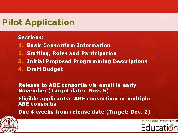 Pilot Application Sections: 1. Basic Consortium Information 2. Staffing, Roles and Participation 3. Initial