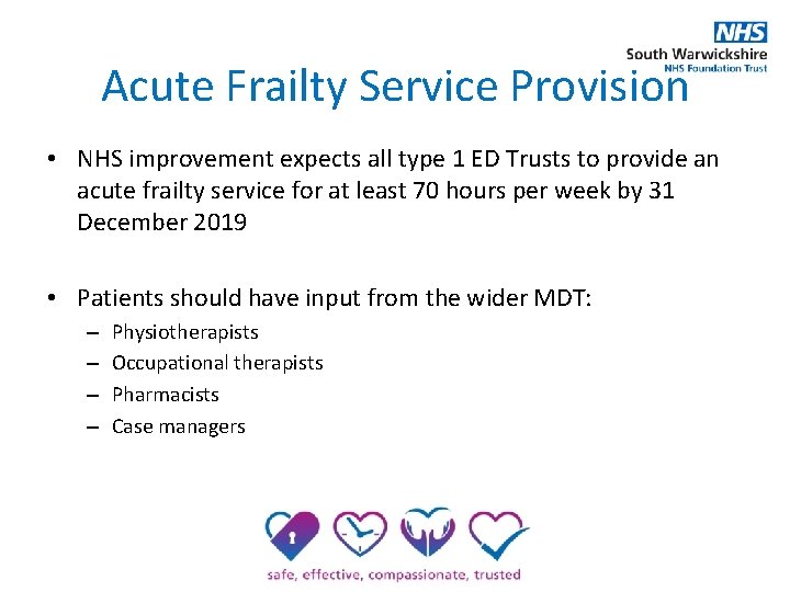 Acute Frailty Service Provision • NHS improvement expects all type 1 ED Trusts to