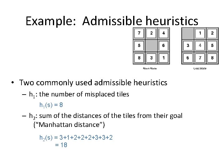 Example: Admissible heuristics • Two commonly used admissible heuristics – h 1: the number