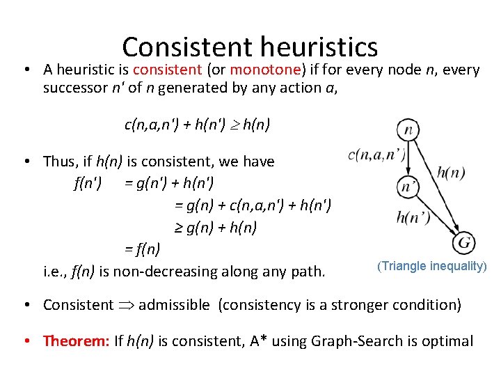 Consistent heuristics • A heuristic is consistent (or monotone) if for every node n,