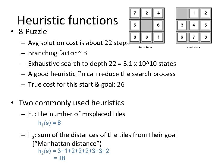 Heuristic functions • 8 -Puzzle – – – Avg solution cost is about 22
