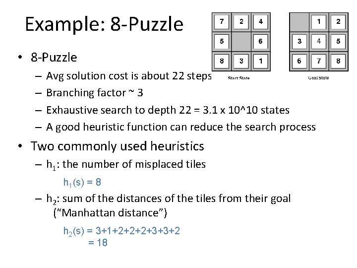 Example: 8 -Puzzle • 8 -Puzzle – – Avg solution cost is about 22