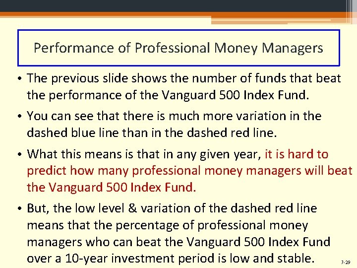 Performance of Professional Money Managers • The previous slide shows the number of funds