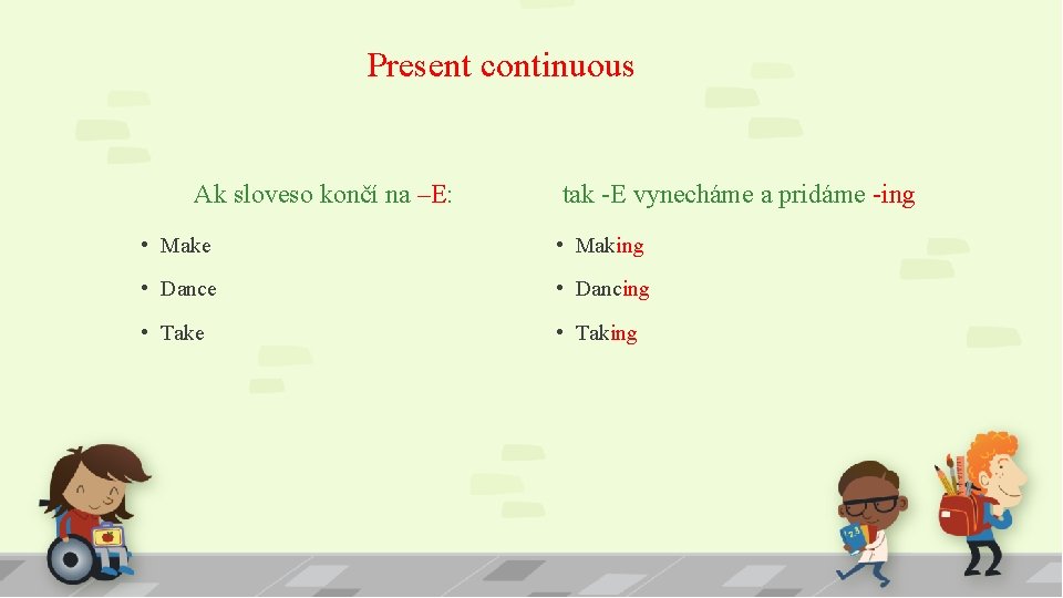 Present continuous Ak sloveso končí na –E: tak -E vynecháme a pridáme -ing •