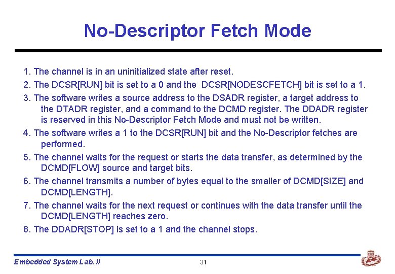 No-Descriptor Fetch Mode 1. The channel is in an uninitialized state after reset. 2.