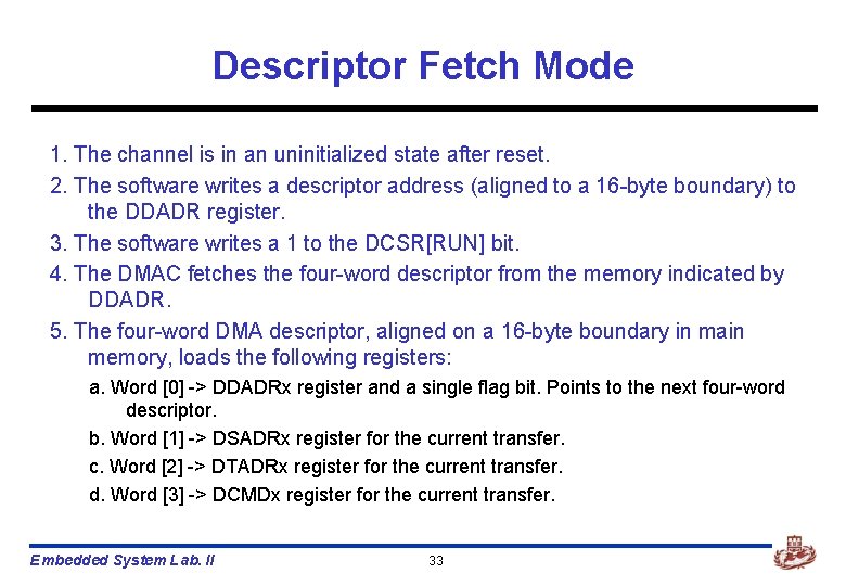 Descriptor Fetch Mode 1. The channel is in an uninitialized state after reset. 2.