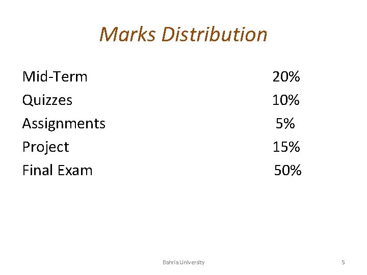 Marks Distribution Mid-Term Quizzes Assignments Project Final Exam 20% 10% 5% 15% 50% Bahria