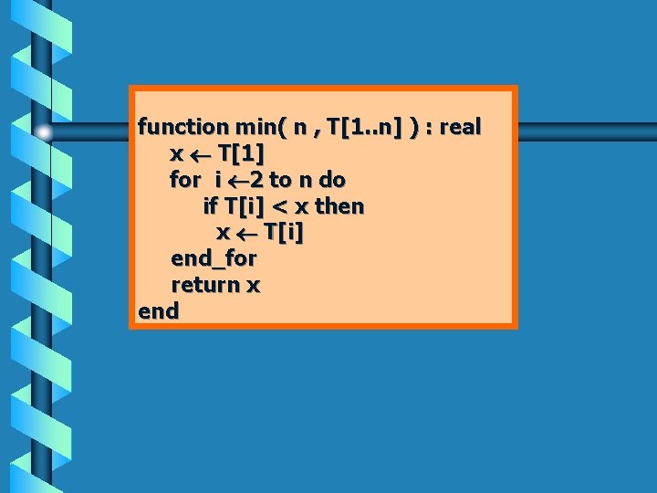 function min( n , T[1. . n] ) : real x T[1] for i