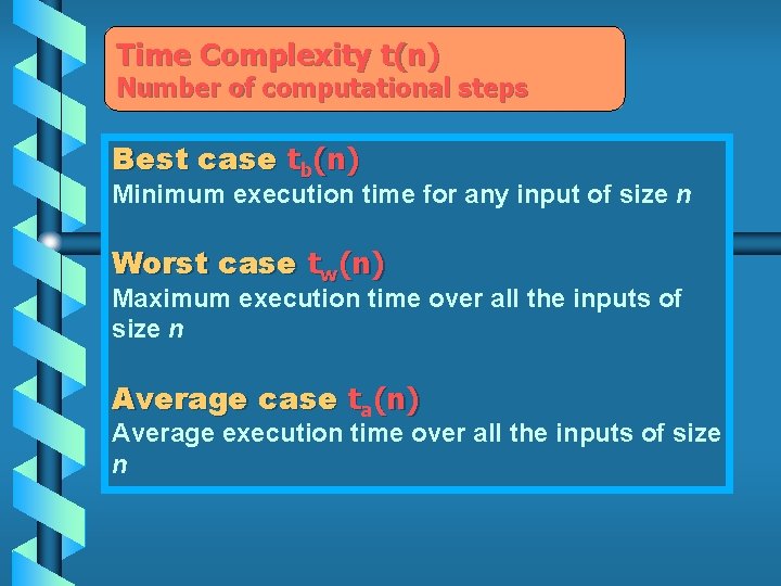 Time Complexity t(n) Number of computational steps Best case tb(n) Minimum execution time for