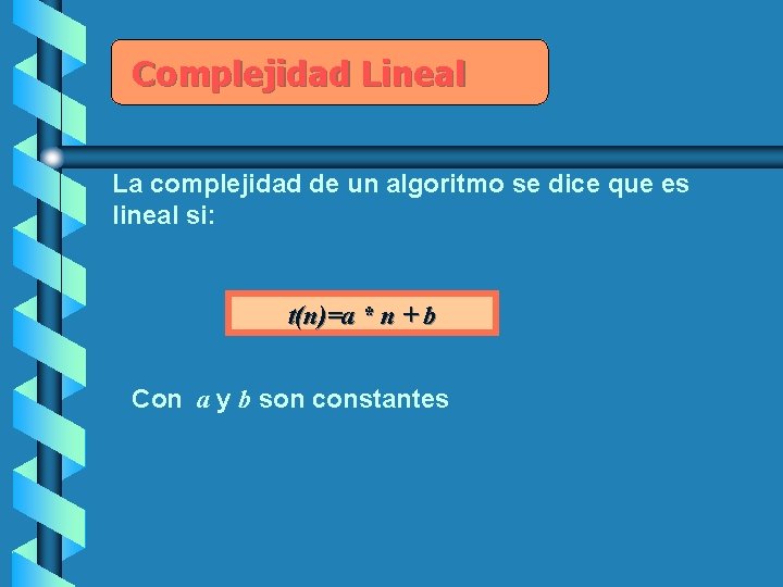 Complejidad Lineal La complejidad de un algoritmo se dice que es lineal si: t(n)=a