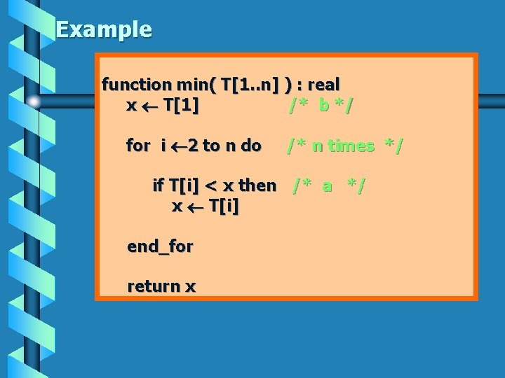 Example function min( T[1. . n] ) : real x T[1] /* b */