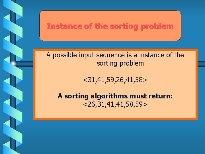 Instance of the sorting problem A possible input sequence is a instance of the