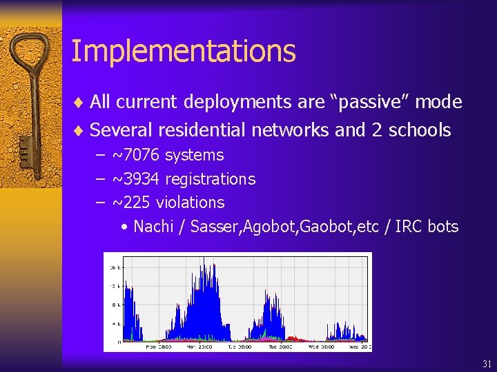 Implementations ¨ All current deployments are “passive” mode ¨ Several residential networks and 2