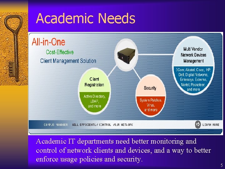Academic Needs Academic IT departments need better monitoring and control of network clients and
