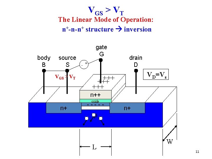 VGS > VT The Linear Mode of Operation: n+-n-n+ structure inversion body B source