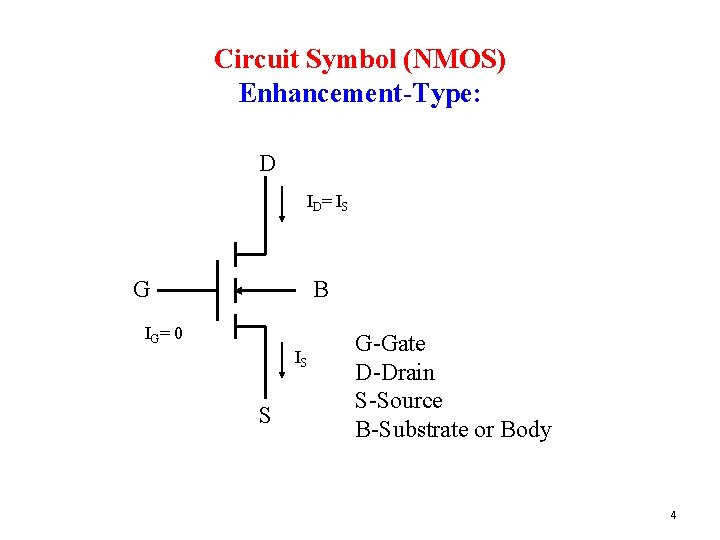 Circuit Symbol (NMOS) Enhancement-Type: D ID = I S G B IG = 0