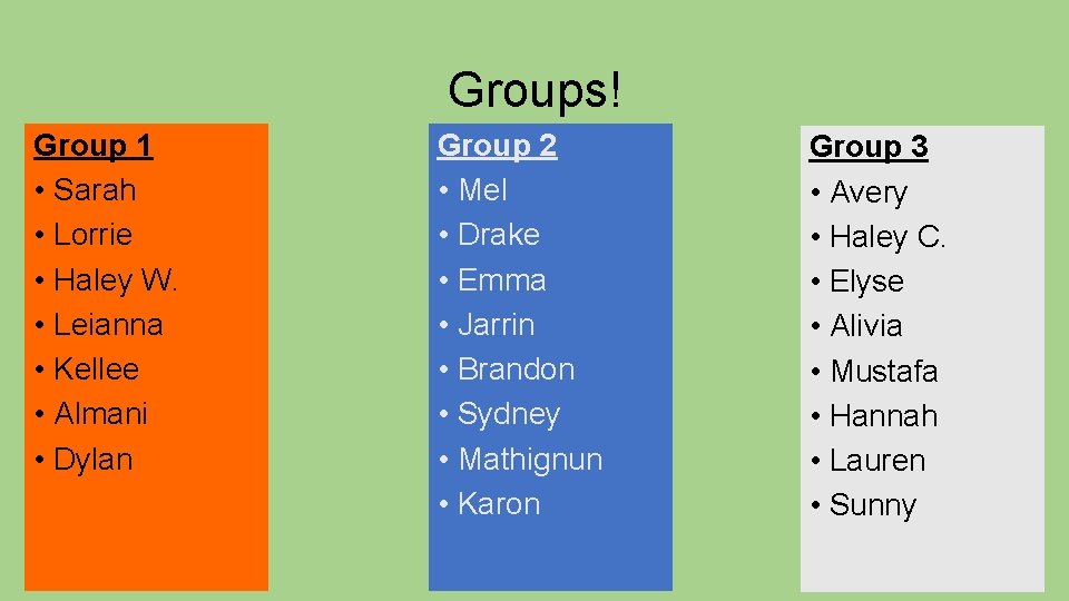 Groups! Group 1 • Sarah • Lorrie • Haley W. • Leianna • Kellee
