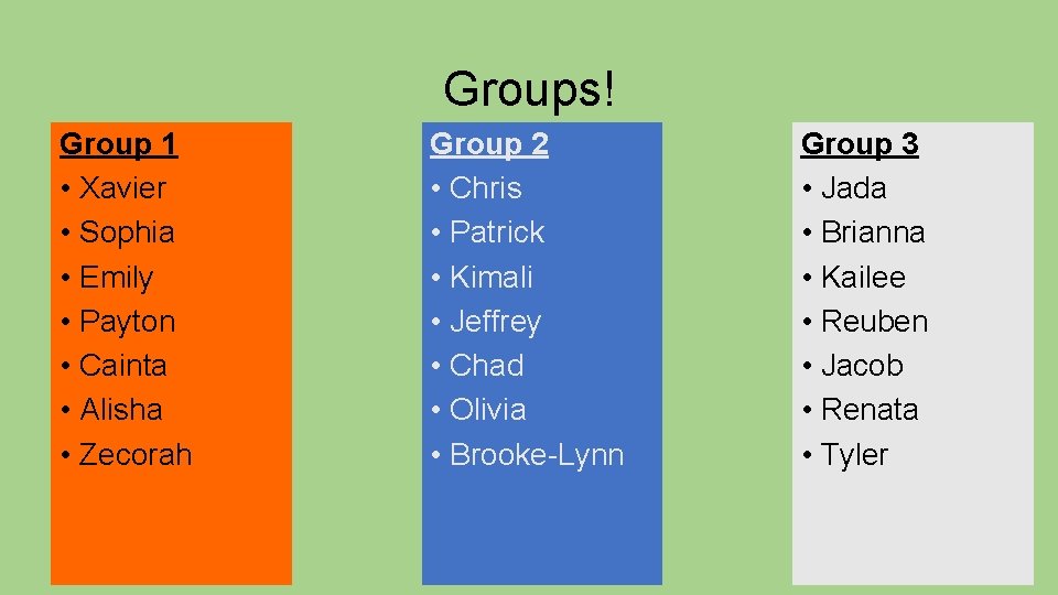Groups! Group 1 • Xavier • Sophia • Emily • Payton • Cainta •