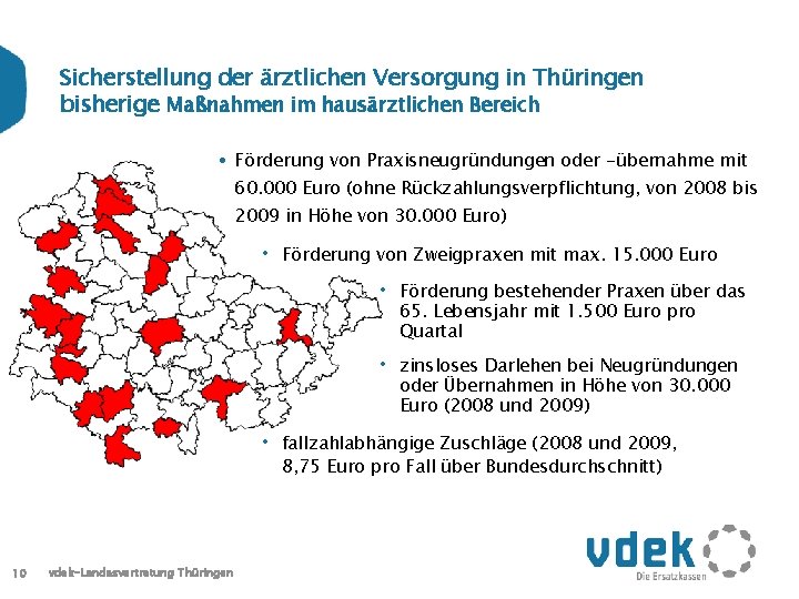 Sicherstellung der ärztlichen Versorgung in Thüringen bisherige Maßnahmen im hausärztlichen Bereich • Förderung von