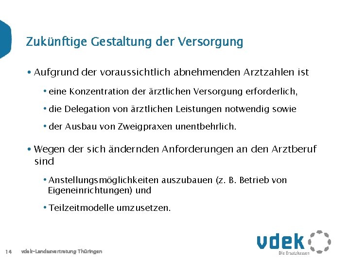 Zukünftige Gestaltung der Versorgung • Aufgrund der voraussichtlich abnehmenden Arztzahlen ist • eine Konzentration