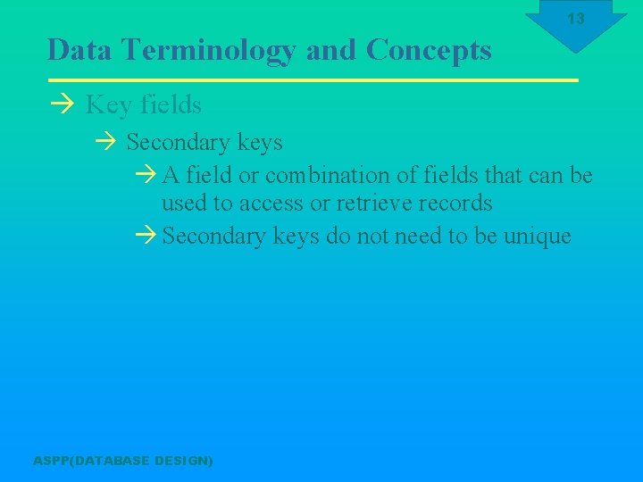 13 Data Terminology and Concepts à Key fields à Secondary keys à A field
