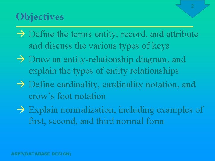 2 Objectives à Define the terms entity, record, and attribute and discuss the various