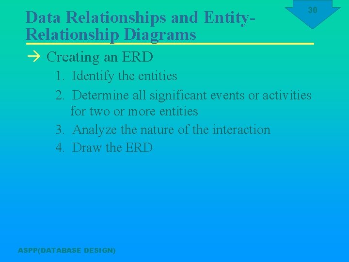 Data Relationships and Entity. Relationship Diagrams 30 à Creating an ERD 1. Identify the