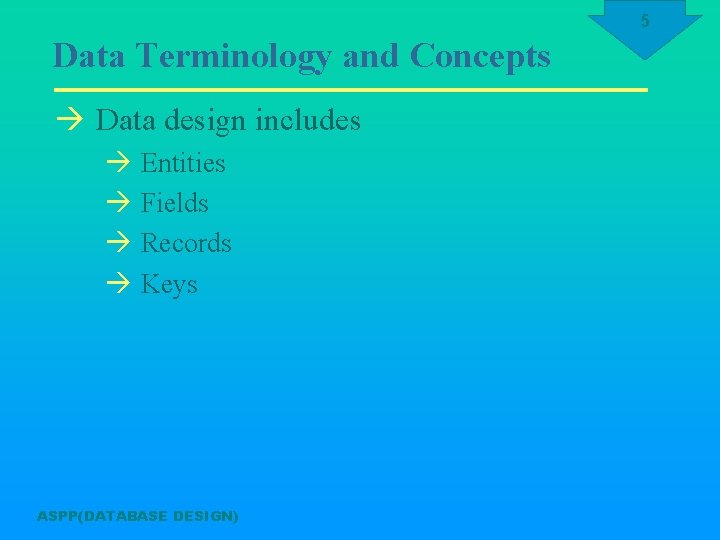 5 Data Terminology and Concepts à Data design includes à Entities à Fields à