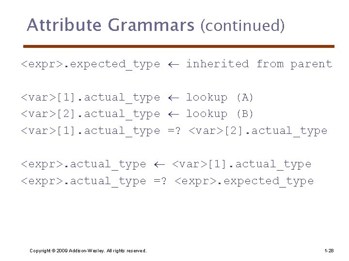 Attribute Grammars (continued) <expr>. expected_type inherited from parent <var>[1]. actual_type lookup (A) <var>[2]. actual_type