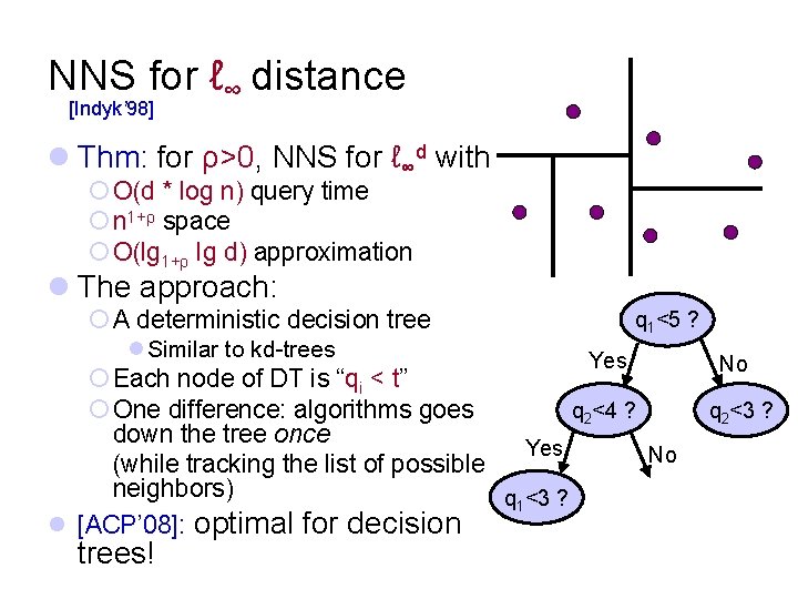 NNS for ℓ∞ distance [Indyk’ 98] l Thm: for ρ>0, NNS for ℓ∞d with