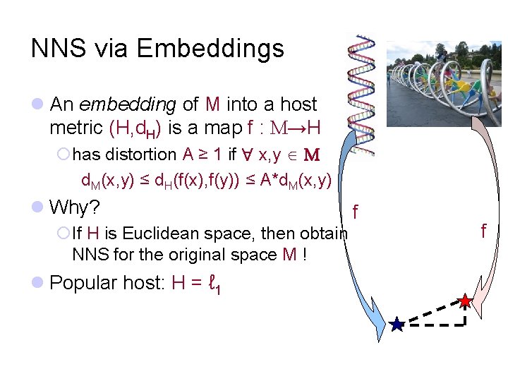 NNS via Embeddings l An embedding of M into a host metric (H, d.
