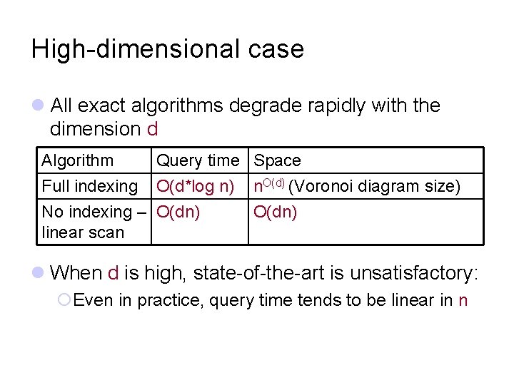 High-dimensional case l All exact algorithms degrade rapidly with the dimension d Algorithm Query
