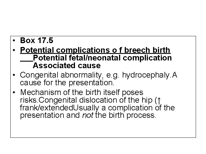  • Box 17. 5 • Potential complications o f breech birth Potential fetal/neonatal