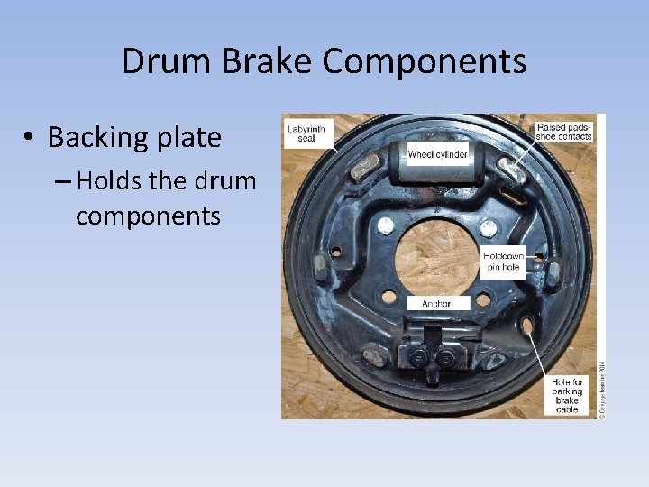 Drum Brake Components • Backing plate – Holds the drum components 