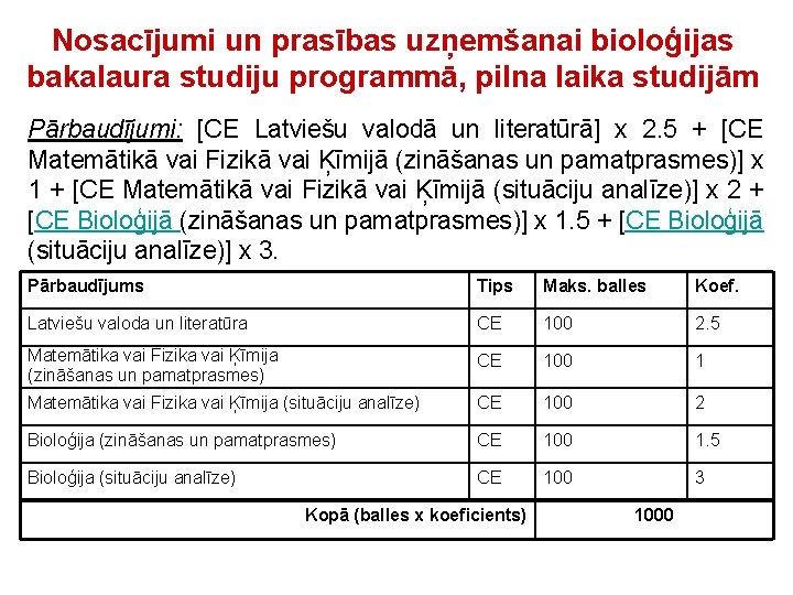 Nosacījumi un prasības uzņemšanai bioloģijas bakalaura studiju programmā, pilna laika studijām Pārbaudījumi: [CE Latviešu