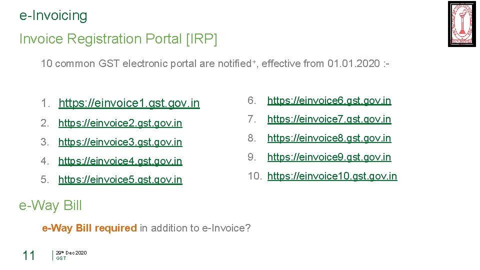 e-Invoicing Invoice Registration Portal [IRP] 10 common GST electronic portal are notified+, effective from