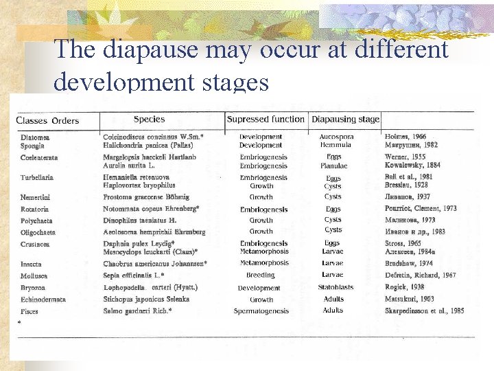 The diapause may occur at different development stages 