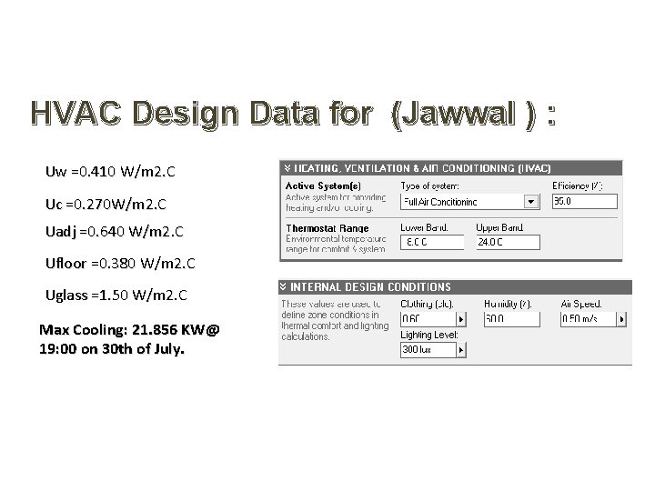 HVAC Design Data for (Jawwal ) : Uw =0. 410 W/m 2. C Uc