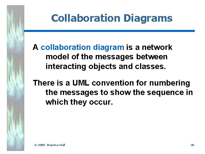 Collaboration Diagrams A collaboration diagram is a network model of the messages between interacting